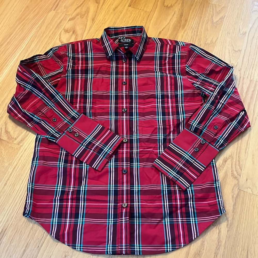 J. Crew Garçon Red Tartan Plaid Shirt Poplin Organic Cotton size 0 BV863